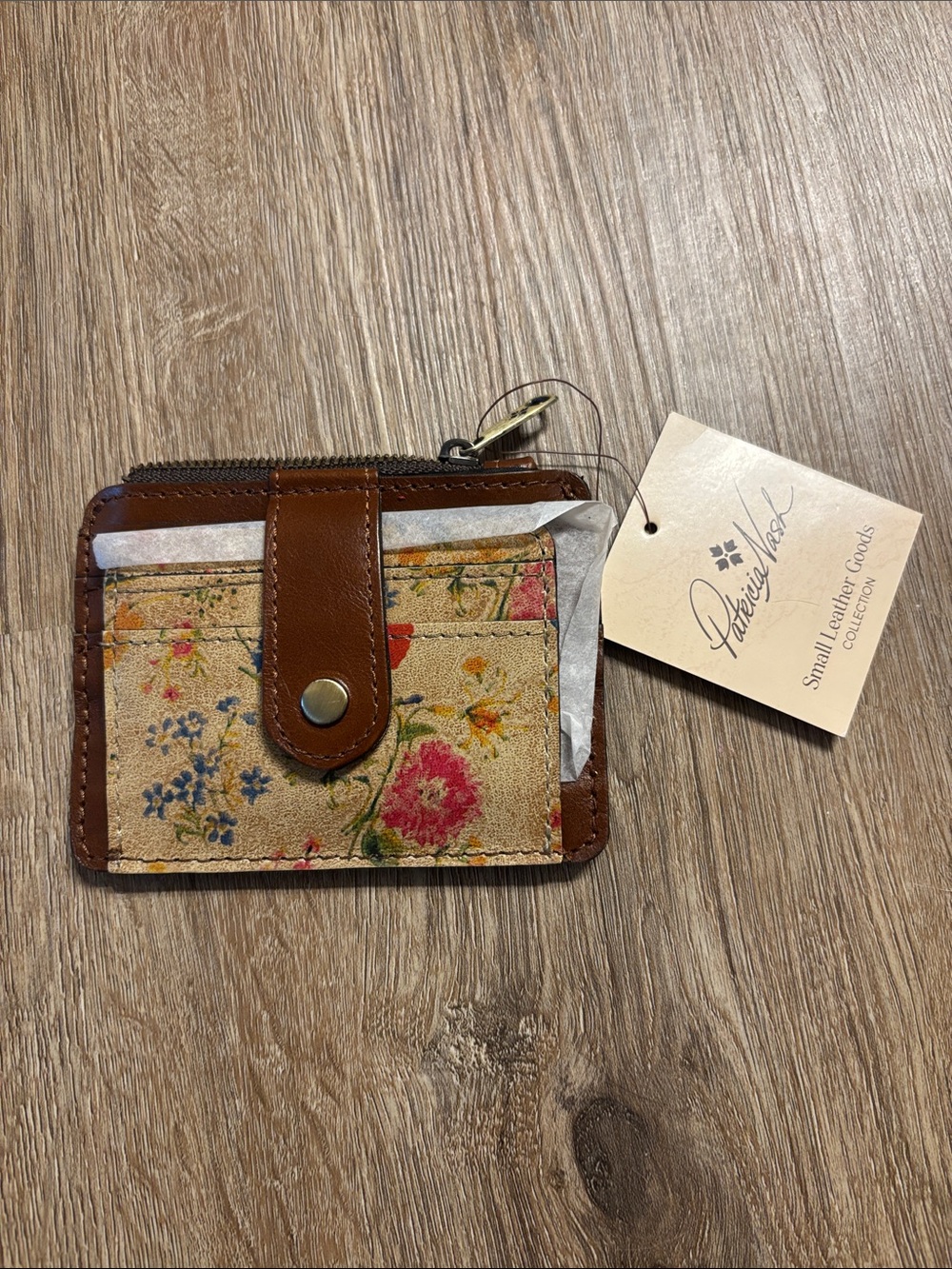 Patricia Nash Brown Leather Floral Canvas Card Wallet